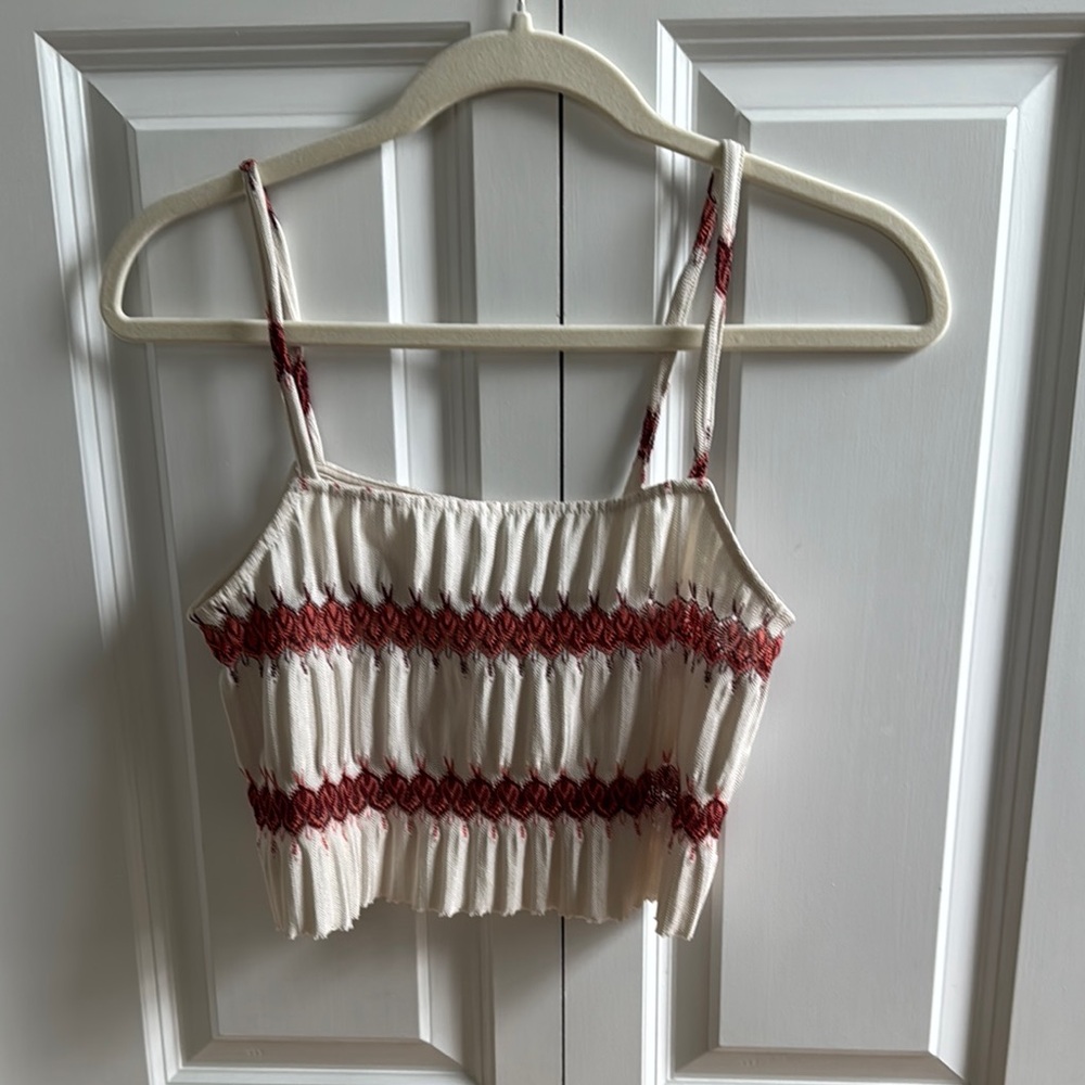 Zara Cream and Red Smocked Camisole Crop Top